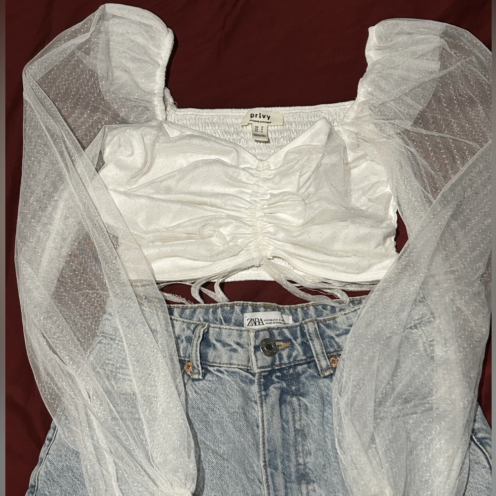 Tenshoppe White sheer puff long sleeve crop top
